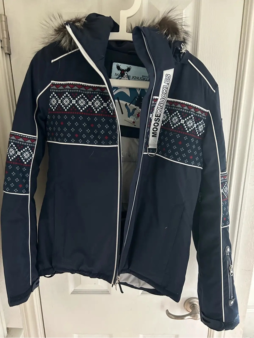 Moose Knuckles Navy and Light Gray Puffer Jacket with Ski Patch